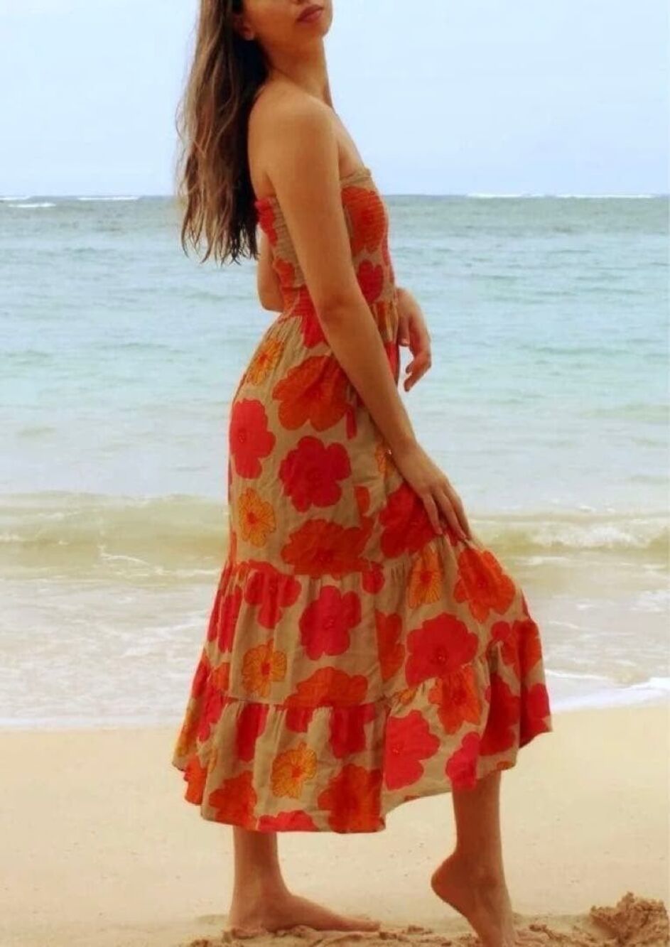 Paradise Now Hawaii Maui Strapless Smocked Retro Hibiscus Tiered Maxi Dress S